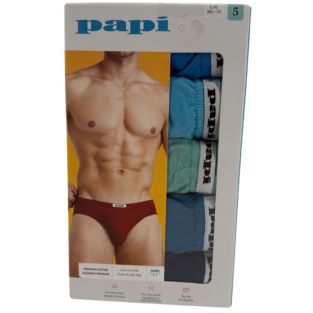 Papi Mens 5-Pack Premium Cotton Low-Rise Briefs Blue Green Size Large 36-38 NEW